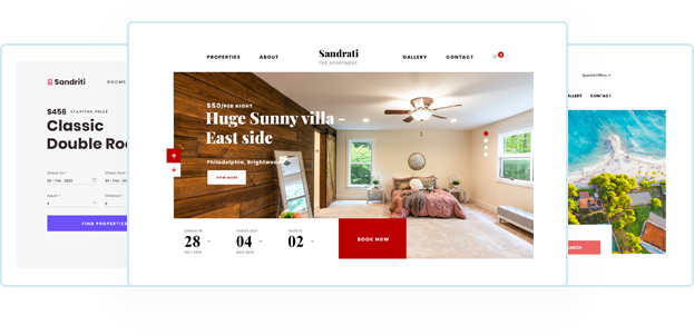 Different vacation rental website templates of webready, including a classic double room, a sunny villa, and a beachfront property. These templates are designed to highlight properties and drive direct bookings.