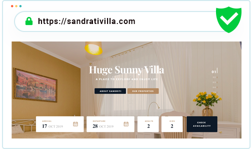 Vacation rental website with a custom domain 'sandrativilla.com,' secured by Webready's SSL encryption. It shows how easy it is to get a custom domain and free SSL certificate for added security.