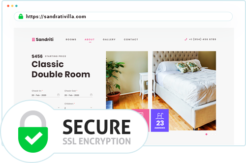 Vacation rental website made with webready displaying a classic double room with secure SSL encryption. The design highlights the room's price, availability, and a secure booking process to ensure guest confidence.